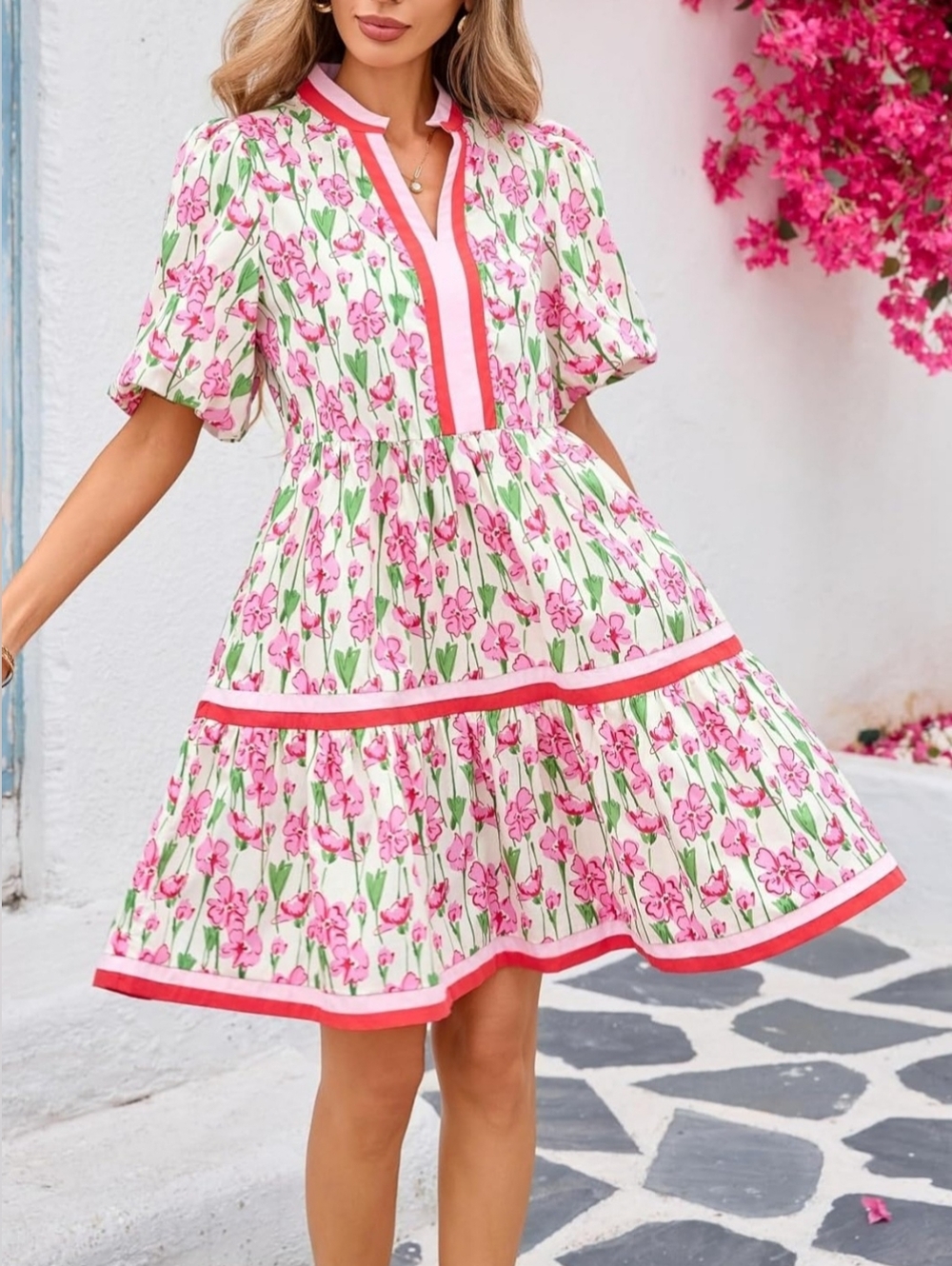 Floral Babydoll Mini Dress Size L 12-14 Cotton Puff Sleeve Spring Summer - Picture 2 of 6